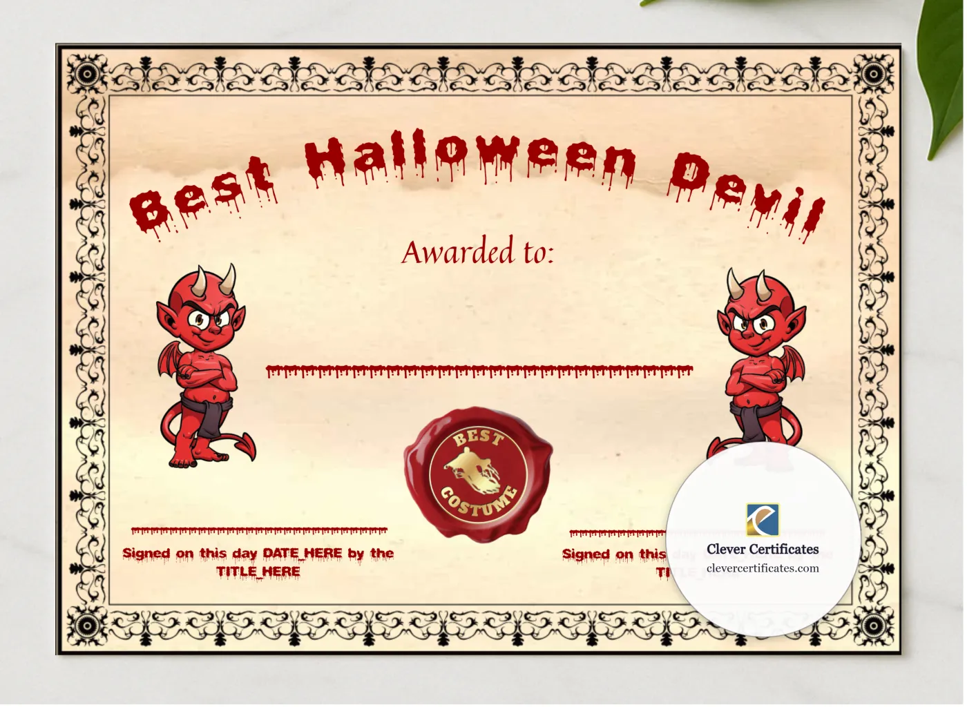 Best Halloween Devil Certificate presented in a sleek wooden frame, elegantly arranged on a stylish table.