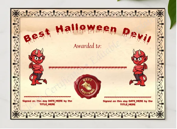 Best Halloween Devil Certificate presented in a sleek wooden frame, elegantly arranged on a stylish table.