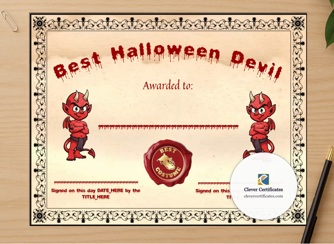 Professional preview of Best Halloween Devil Certificate certificate on high-quality stationery paper, ideal for showcasing the final look.