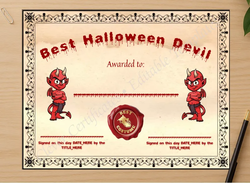 Professional preview of Best Halloween Devil Certificate certificate on high-quality stationery paper, ideal for showcasing the final look.