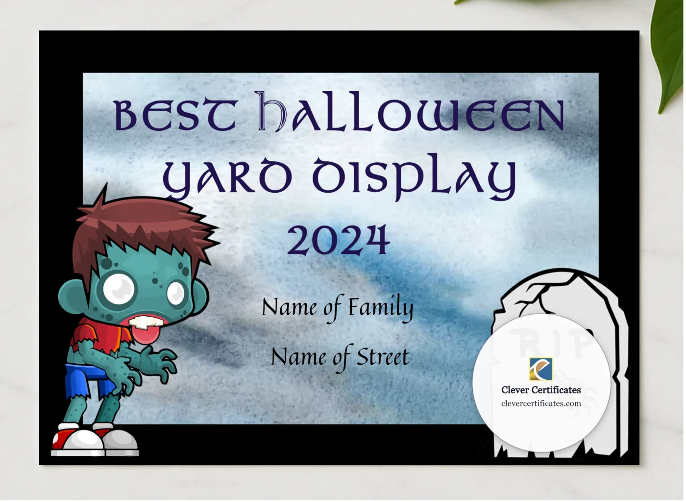 Best Halloween Yard Display presented in a sleek wooden frame, elegantly arranged on a stylish table.