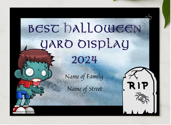 Best Halloween Yard Display presented in a sleek wooden frame, elegantly arranged on a stylish table.