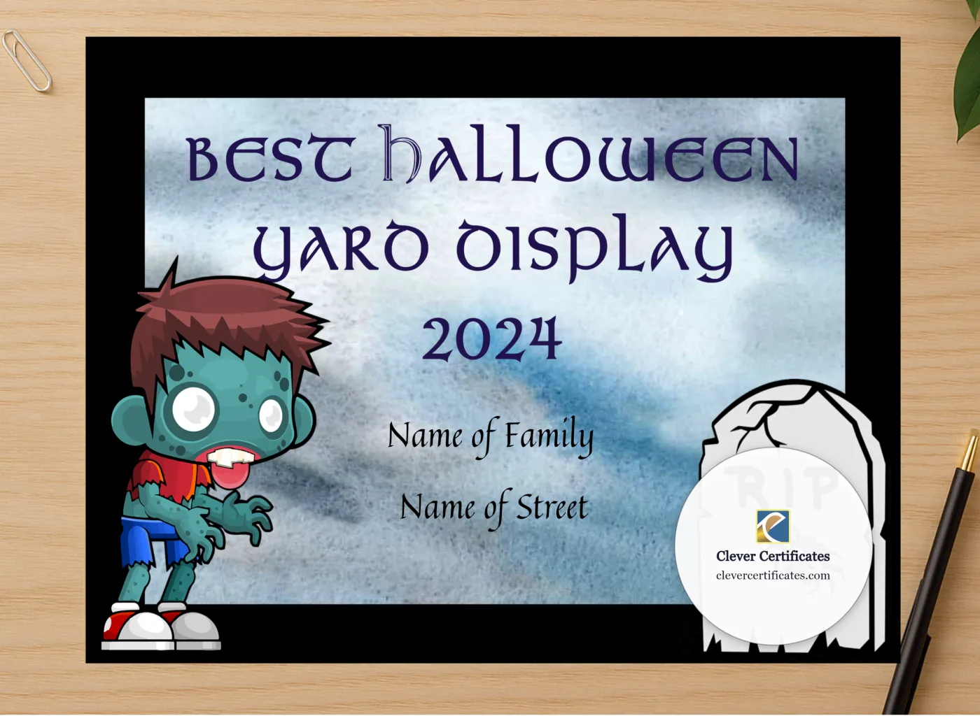 Professional preview of Best Halloween Yard Display certificate on high-quality stationery paper, ideal for showcasing the final look.