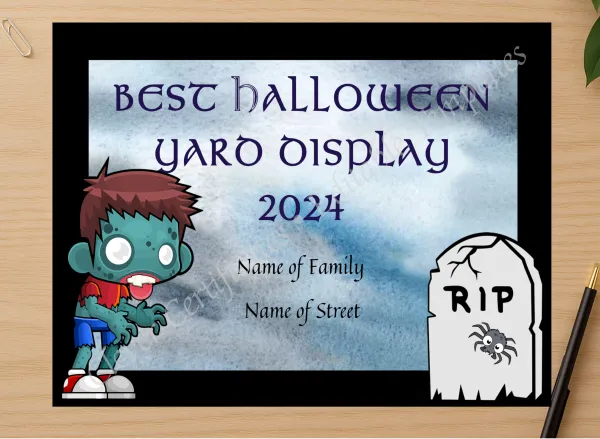 Professional preview of Best Halloween Yard Display certificate on high-quality stationery paper, ideal for showcasing the final look.