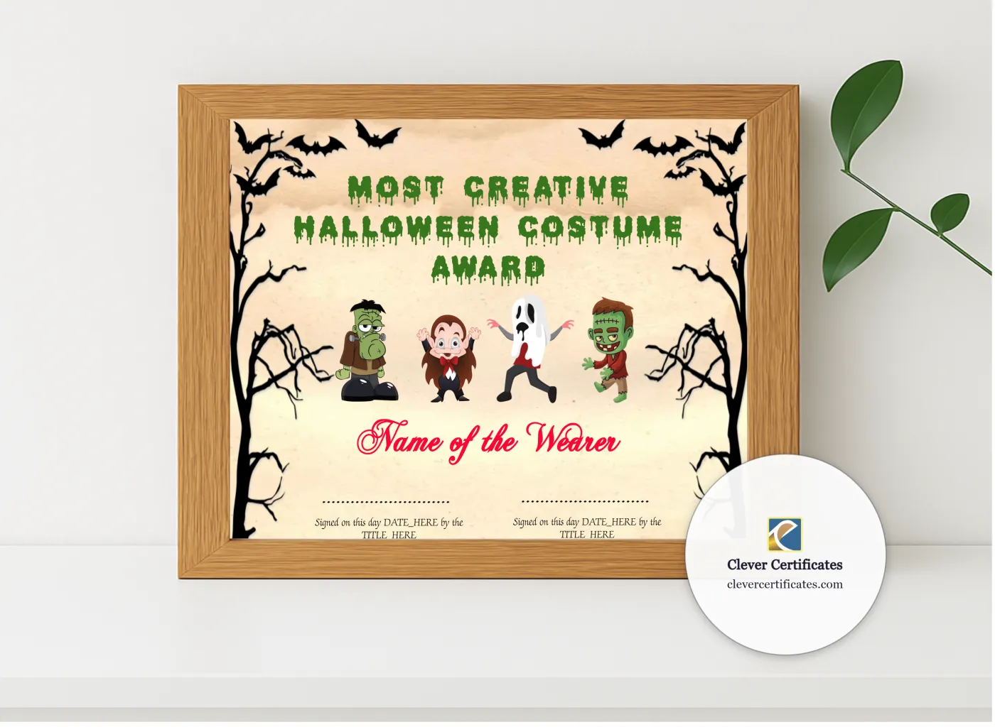Realistic mockup featuring Most Creative Costume Award displayed within a modern frame, set against a minimalistic background.