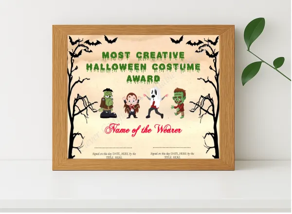 Realistic mockup featuring Most Creative Costume Award displayed within a modern frame, set against a minimalistic background.