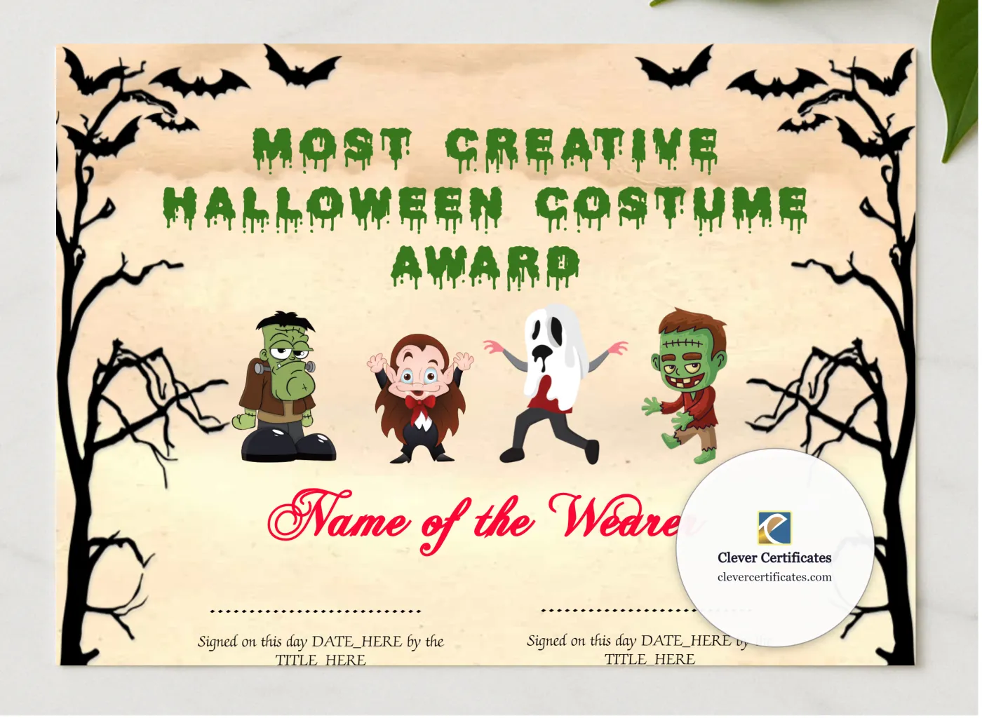 Most Creative Costume Award presented in a sleek wooden frame, elegantly arranged on a stylish table.