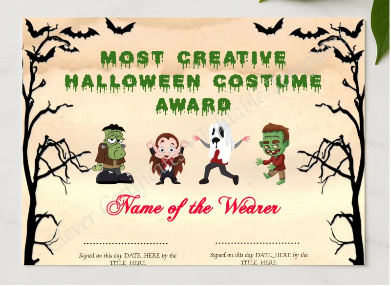 Most Creative Costume Award presented in a sleek wooden frame, elegantly arranged on a stylish table.