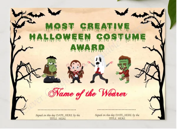 Most Creative Costume Award presented in a sleek wooden frame, elegantly arranged on a stylish table.