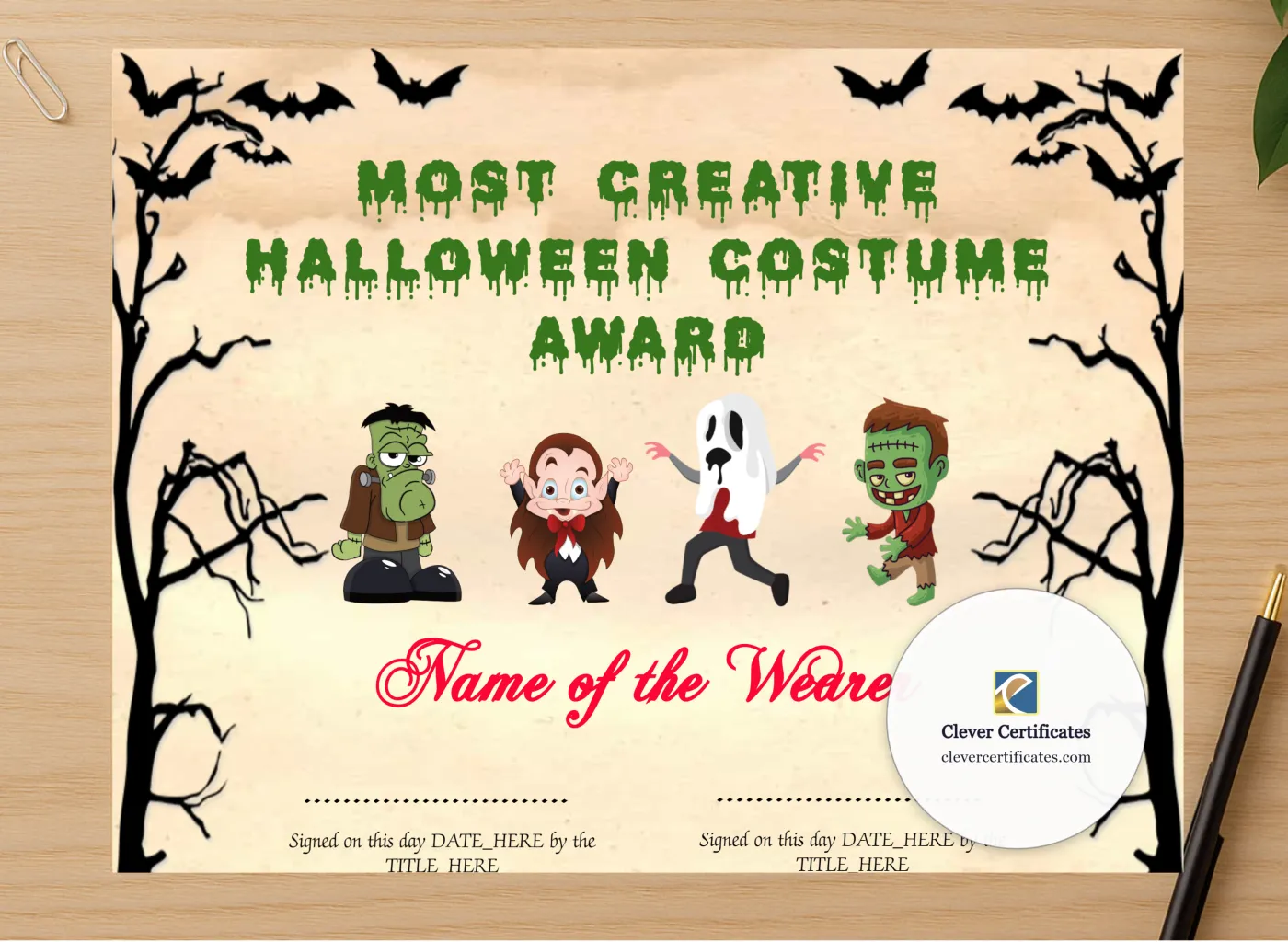 Professional preview of Most Creative Costume Award certificate on high-quality stationery paper, ideal for showcasing the final look.
