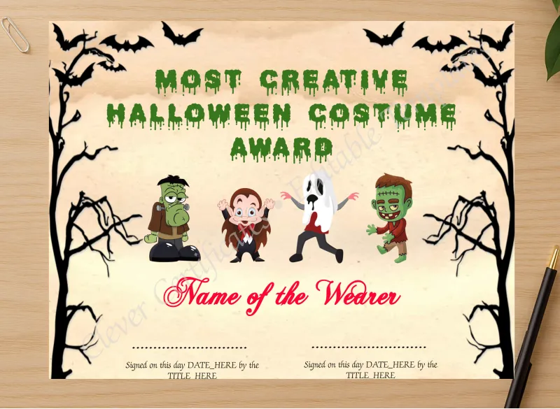 Professional preview of Most Creative Costume Award certificate on high-quality stationery paper, ideal for showcasing the final look.