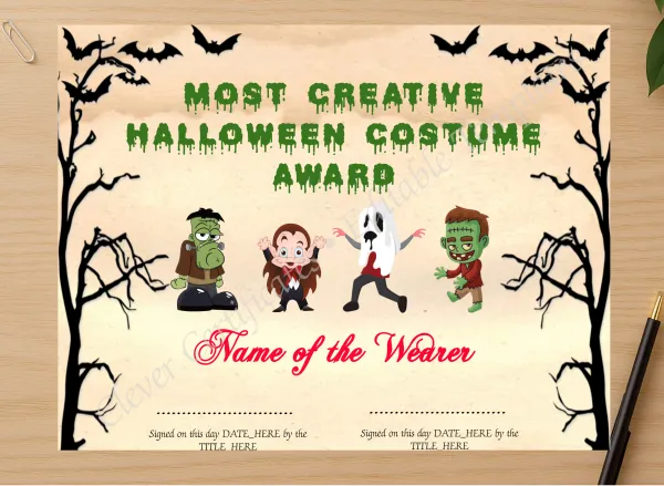 Professional preview of Most Creative Costume Award certificate on high-quality stationery paper, ideal for showcasing the final look.