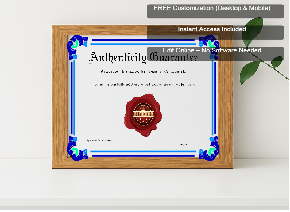 Premium mockup with Free Editor badge stack for Authenticity Guarantee