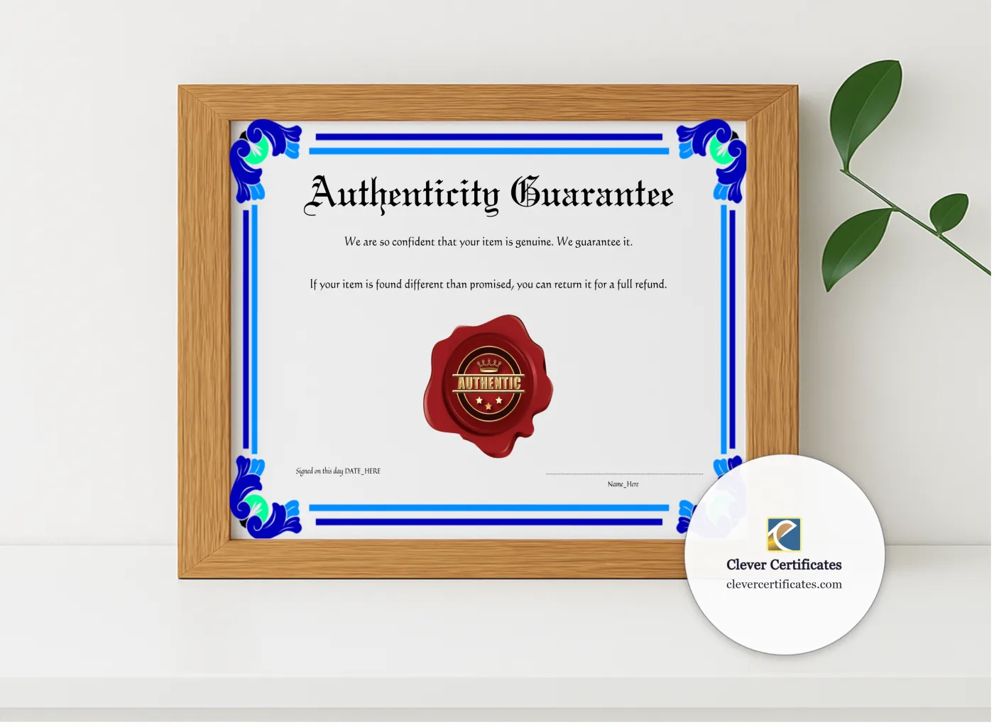 Realistic mockup featuring Authenticity Guarantee displayed within a modern frame, set against a minimalistic background.