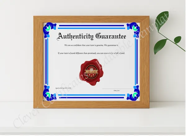 Realistic mockup featuring Authenticity Guarantee displayed within a modern frame, set against a minimalistic background.