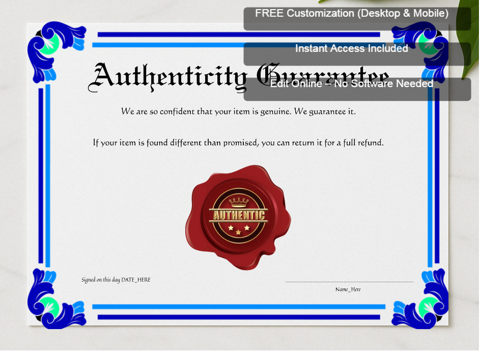 Framed preview featuring Free Editor badge stack for Authenticity Guarantee