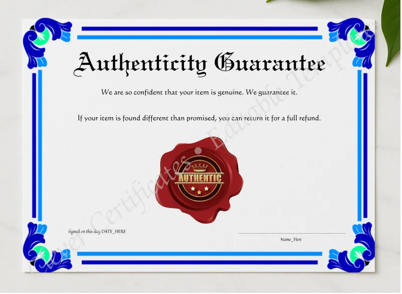 Authenticity Guarantee presented in a sleek wooden frame, elegantly arranged on a stylish table.