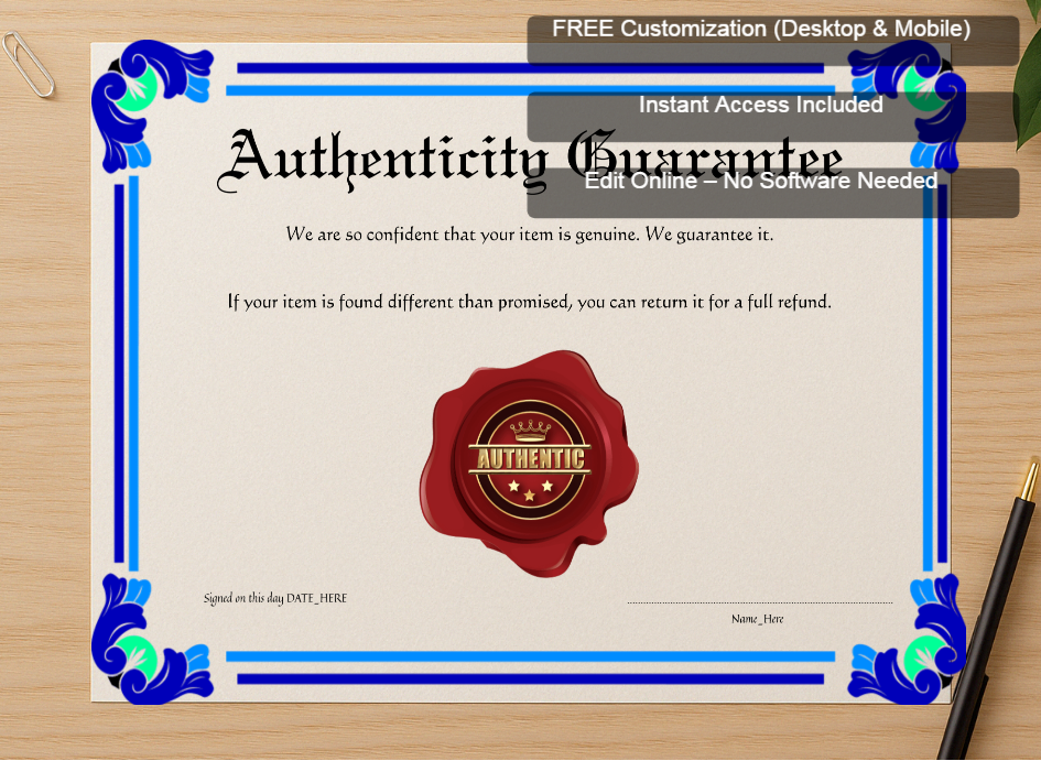 Zoomed preview with Free Editor badge stack for Authenticity Guarantee