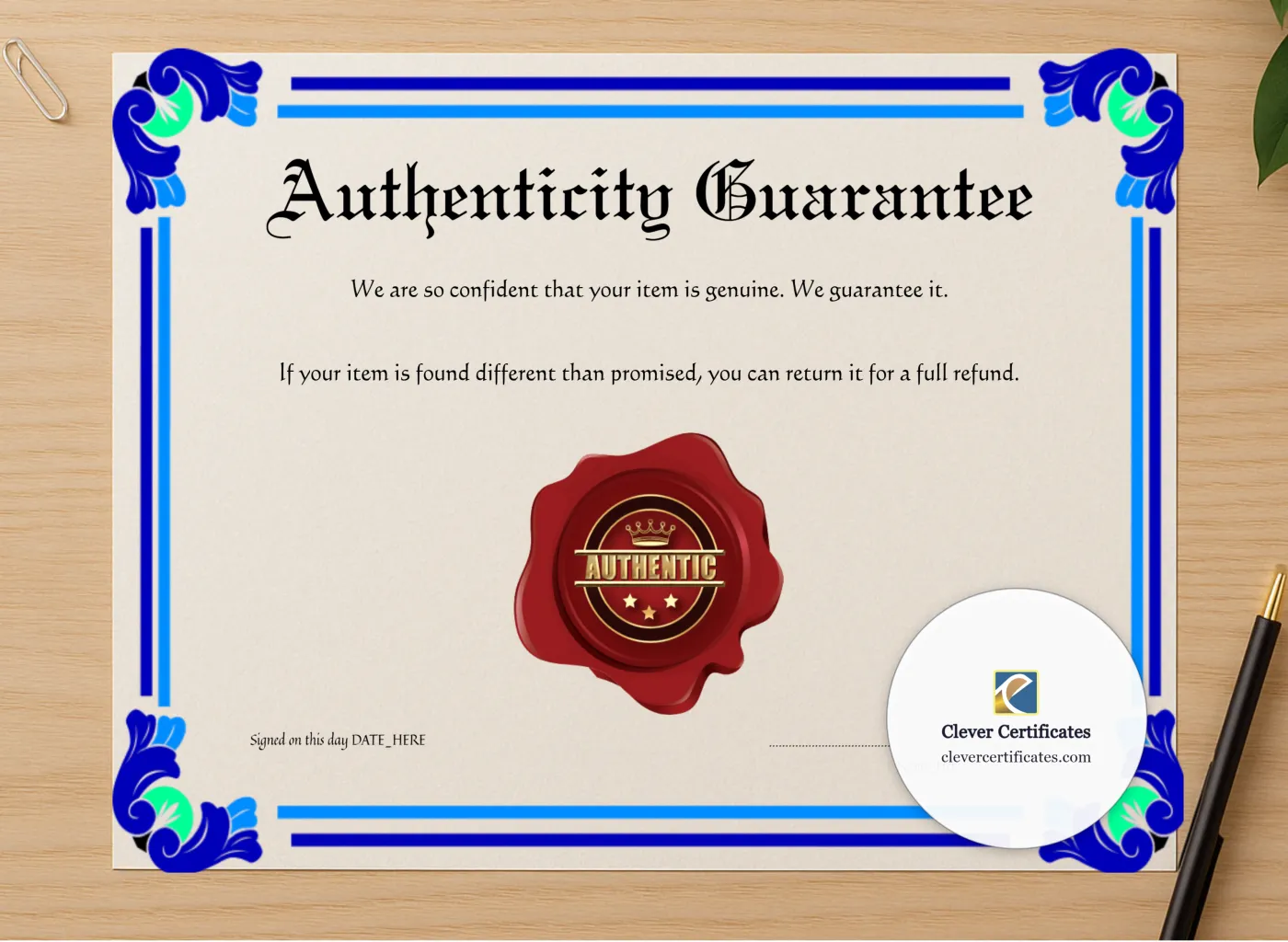 Professional preview of Authenticity Guarantee certificate on high-quality stationery paper, ideal for showcasing the final look.