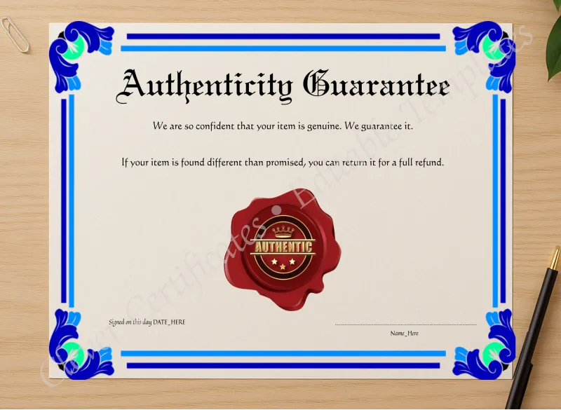 Professional preview of Authenticity Guarantee certificate on high-quality stationery paper, ideal for showcasing the final look.