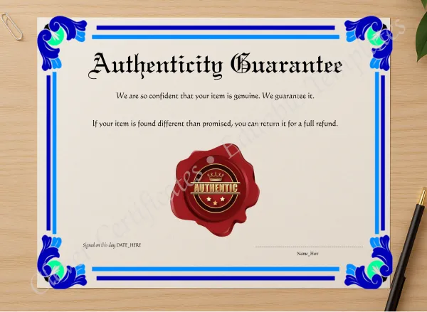 Professional preview of Authenticity Guarantee certificate on high-quality stationery paper, ideal for showcasing the final look.
