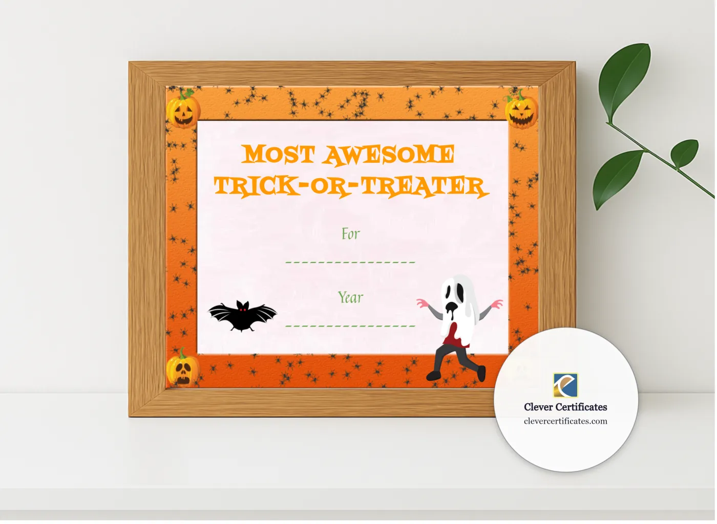 Realistic mockup featuring Best Trick Or Treater Award displayed within a modern frame, set against a minimalistic background.