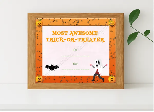 Realistic mockup featuring Best Trick Or Treater Award displayed within a modern frame, set against a minimalistic background.