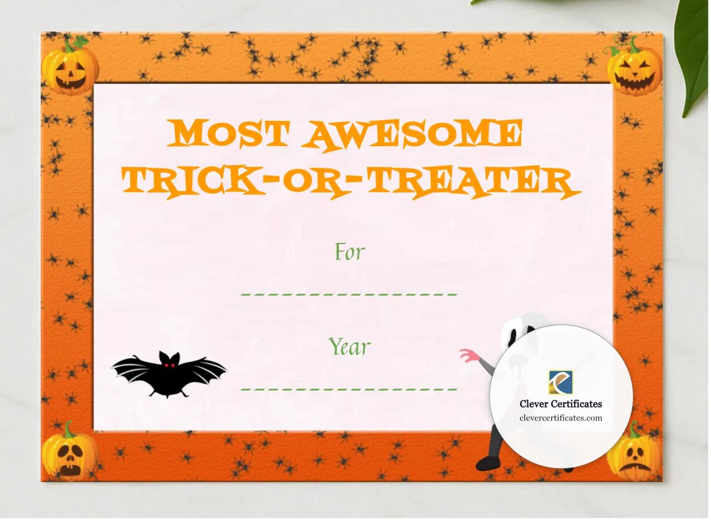 Best Trick Or Treater Award presented in a sleek wooden frame, elegantly arranged on a stylish table.