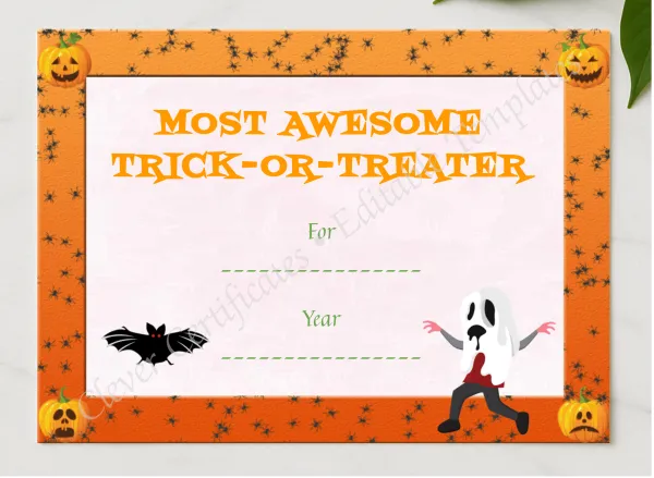 Best Trick Or Treater Award presented in a sleek wooden frame, elegantly arranged on a stylish table.