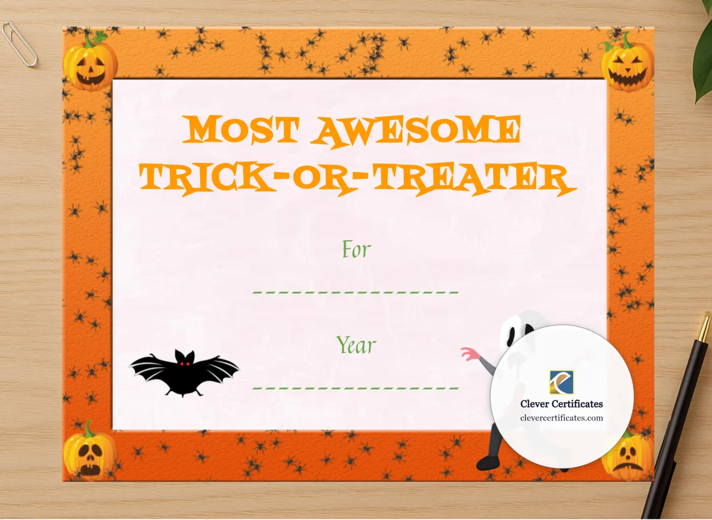 Professional preview of Best Trick Or Treater Award certificate on high-quality stationery paper, ideal for showcasing the final look.