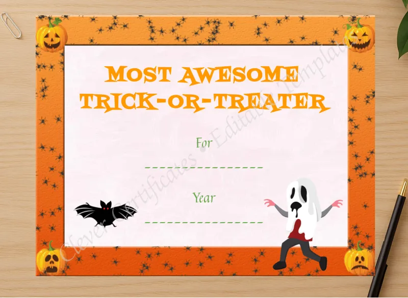 Professional preview of Best Trick Or Treater Award certificate on high-quality stationery paper, ideal for showcasing the final look.