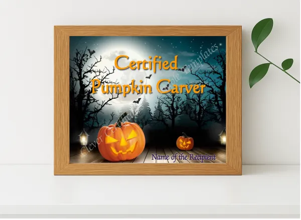 Realistic mockup featuring Certified Pumpkin Carver displayed within a modern frame, set against a minimalistic background.