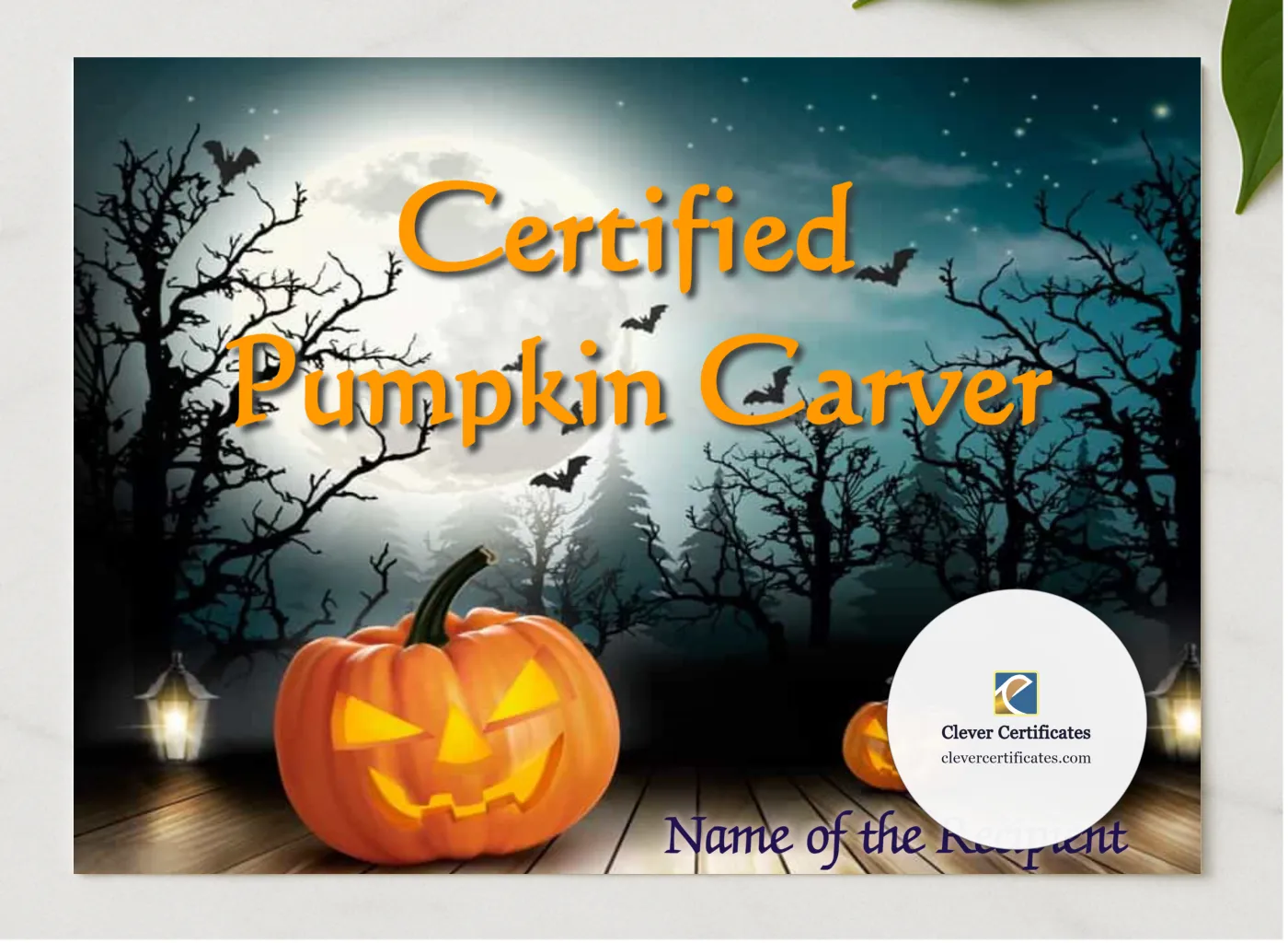 Certified Pumpkin Carver presented in a sleek wooden frame, elegantly arranged on a stylish table.