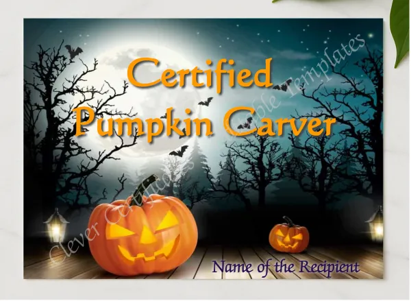 Certified Pumpkin Carver presented in a sleek wooden frame, elegantly arranged on a stylish table.