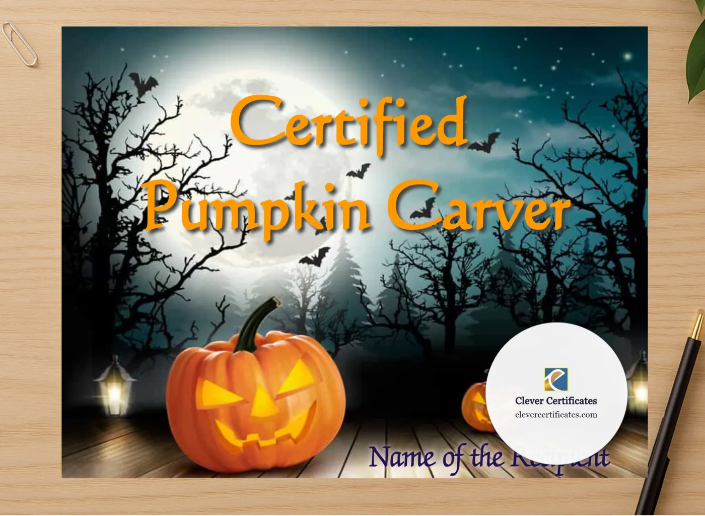 Professional preview of Certified Pumpkin Carver certificate on high-quality stationery paper, ideal for showcasing the final look.