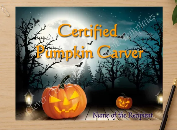 Professional preview of Certified Pumpkin Carver certificate on high-quality stationery paper, ideal for showcasing the final look.