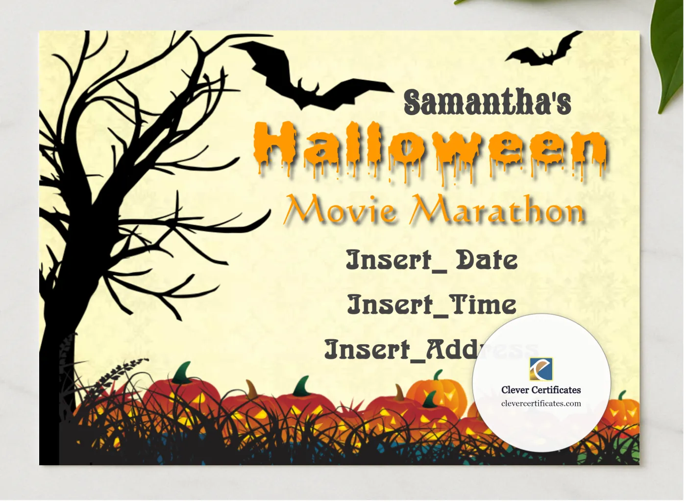 Halloween Movie Marathon presented in a sleek wooden frame, elegantly arranged on a stylish table.