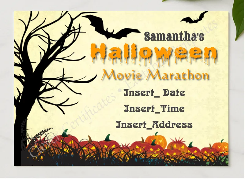Halloween Movie Marathon presented in a sleek wooden frame, elegantly arranged on a stylish table.