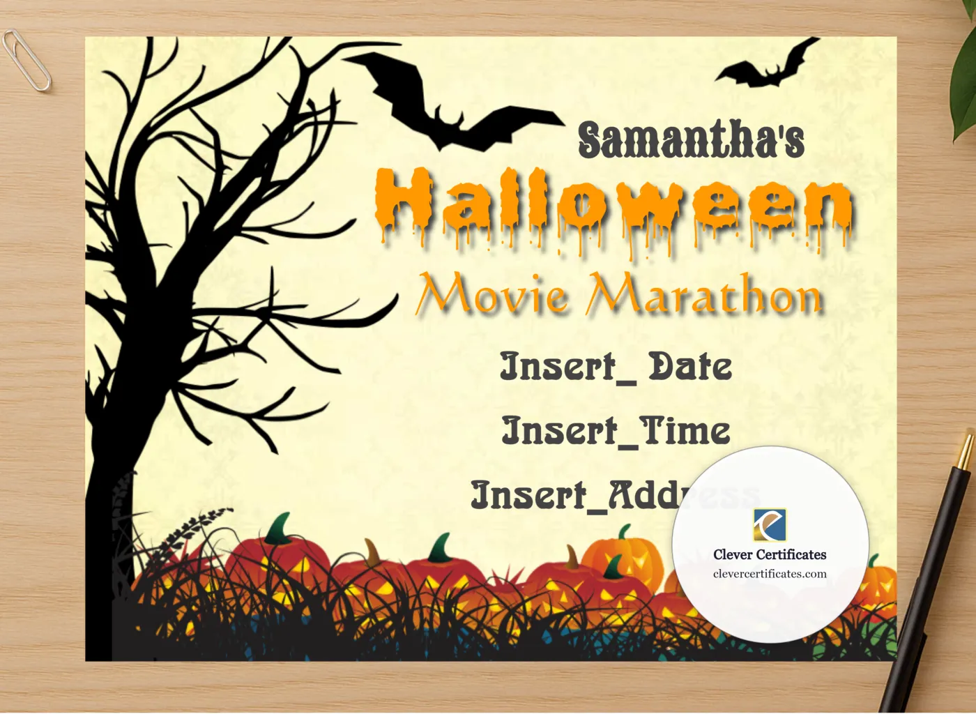 Professional preview of Halloween Movie Marathon certificate on high-quality stationery paper, ideal for showcasing the final look.