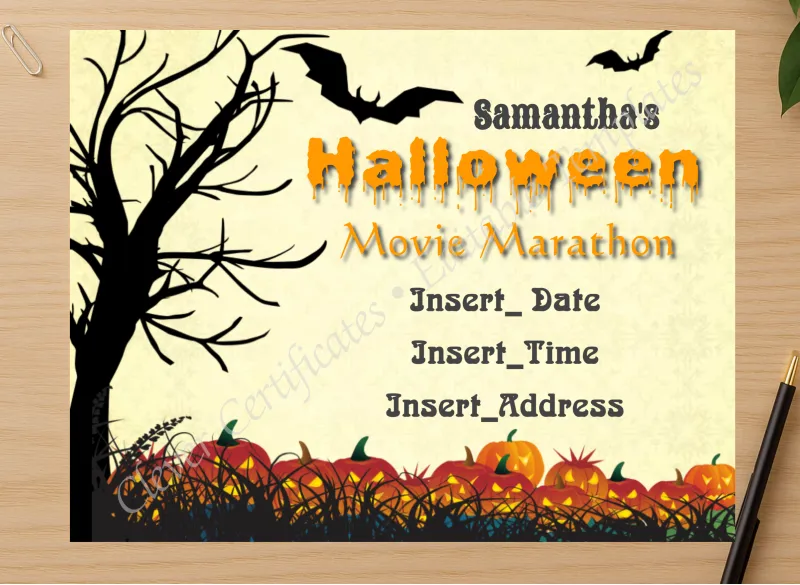 Professional preview of Halloween Movie Marathon certificate on high-quality stationery paper, ideal for showcasing the final look.