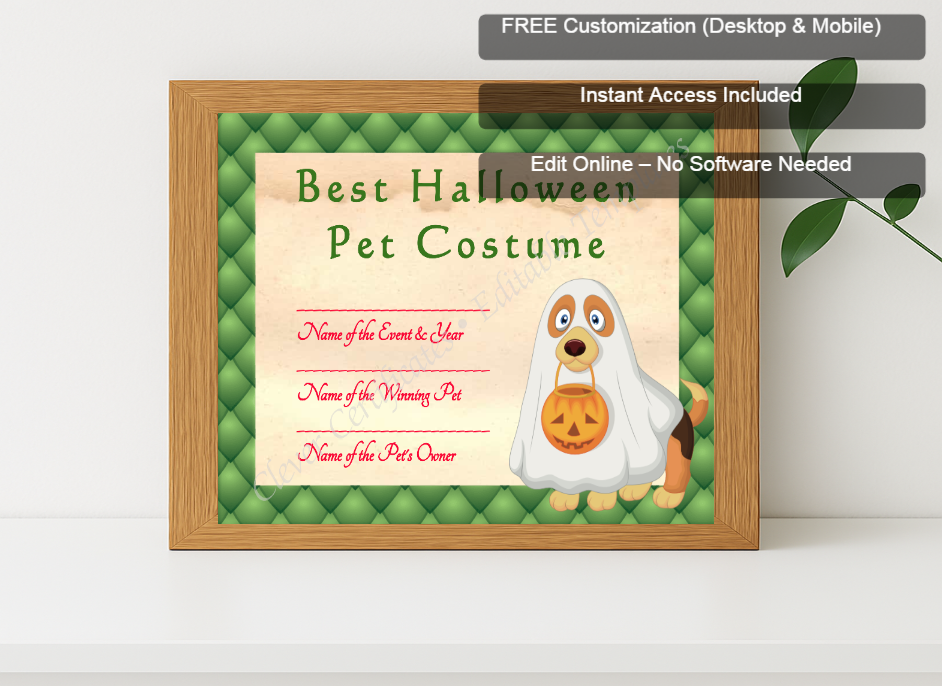 Premium mockup with Free Editor badge stack for Halloween Pet Costume Award