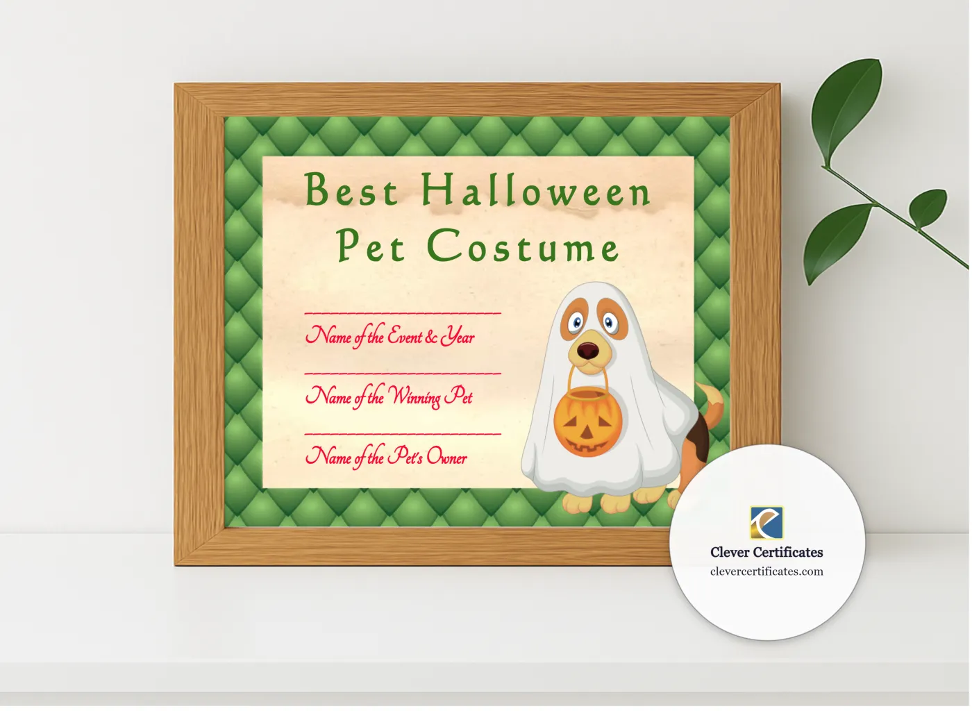 Realistic mockup featuring Halloween Pet Costume Award displayed within a modern frame, set against a minimalistic background.