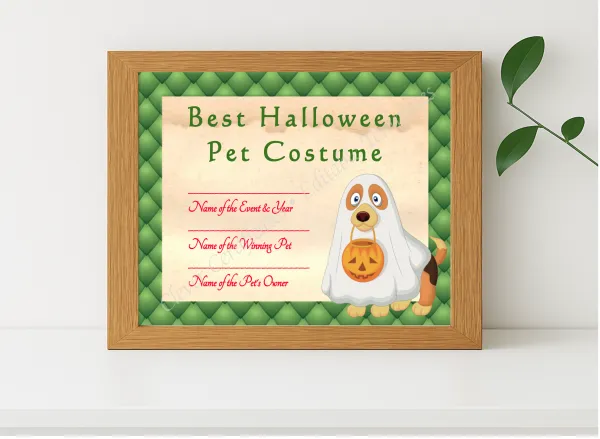 Realistic mockup featuring Halloween Pet Costume Award displayed within a modern frame, set against a minimalistic background.