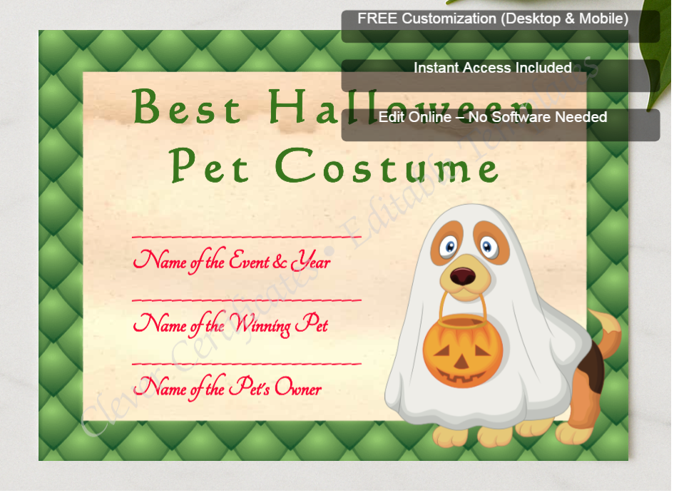 Framed preview featuring Free Editor badge stack for Halloween Pet Costume Award