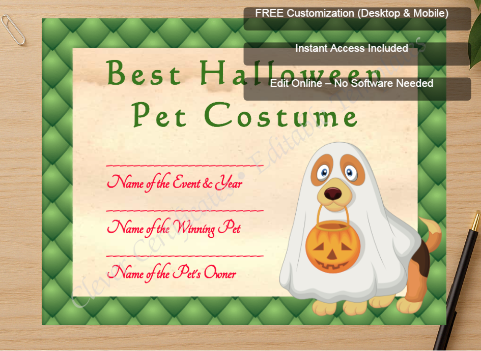 Zoomed preview with Free Editor badge stack for Halloween Pet Costume Award
