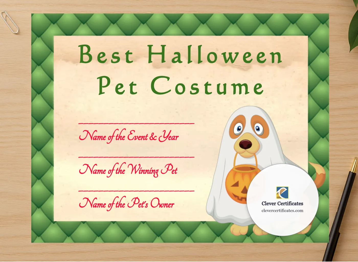 Professional preview of Halloween Pet Costume Award certificate on high-quality stationery paper, ideal for showcasing the final look.