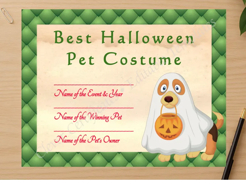 Professional preview of Halloween Pet Costume Award certificate on high-quality stationery paper, ideal for showcasing the final look.