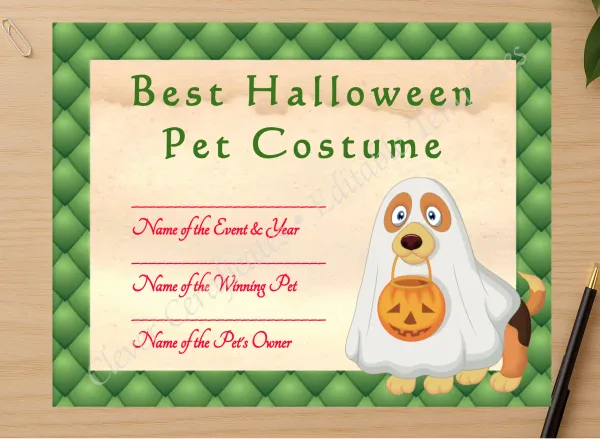 Professional preview of Halloween Pet Costume Award certificate on high-quality stationery paper, ideal for showcasing the final look.