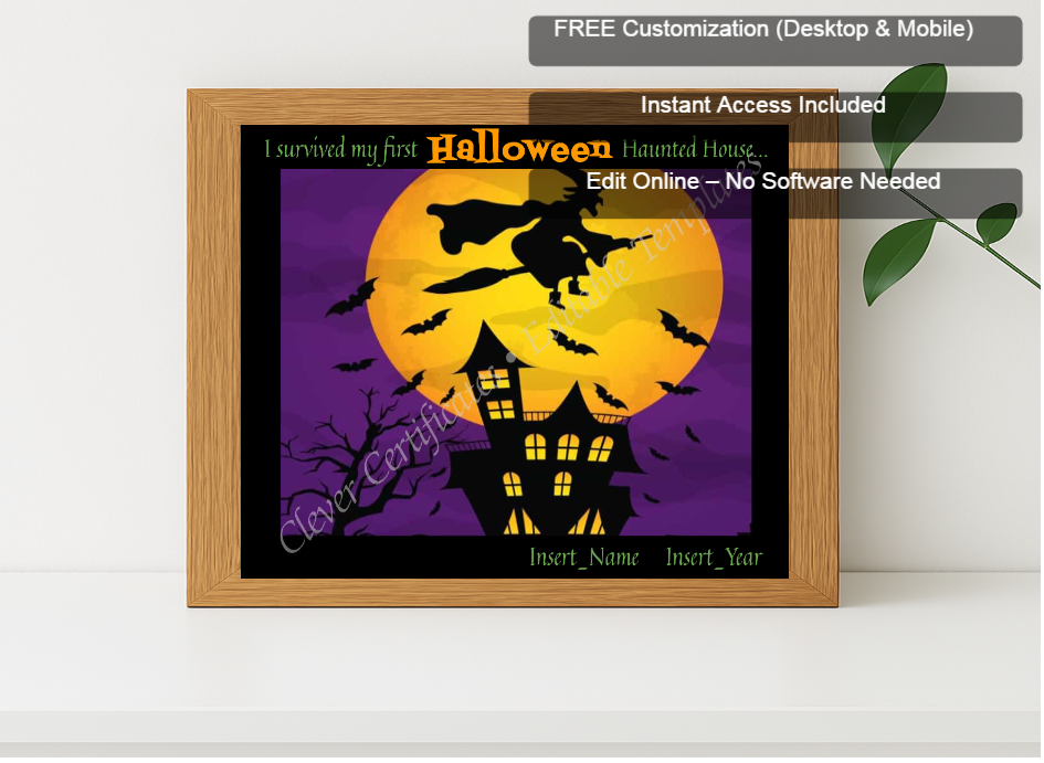 Premium mockup with Free Editor badge stack for First Haunted House Certificate
