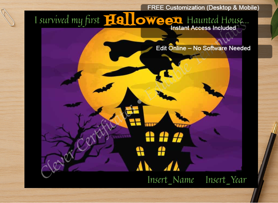 Zoomed preview with Free Editor badge stack for First Haunted House Certificate